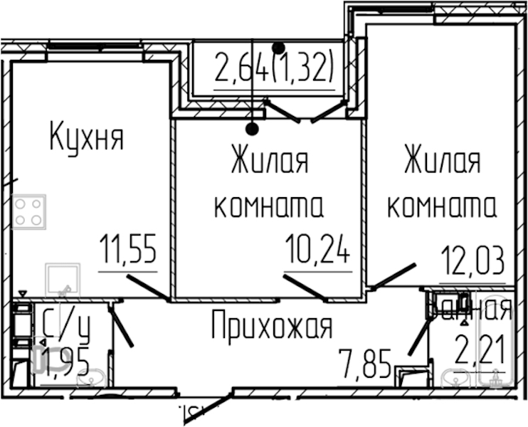 2-комнатная квартира 47.15 м², 3/8 эт., ЖК «SERTOLOVO PARK»